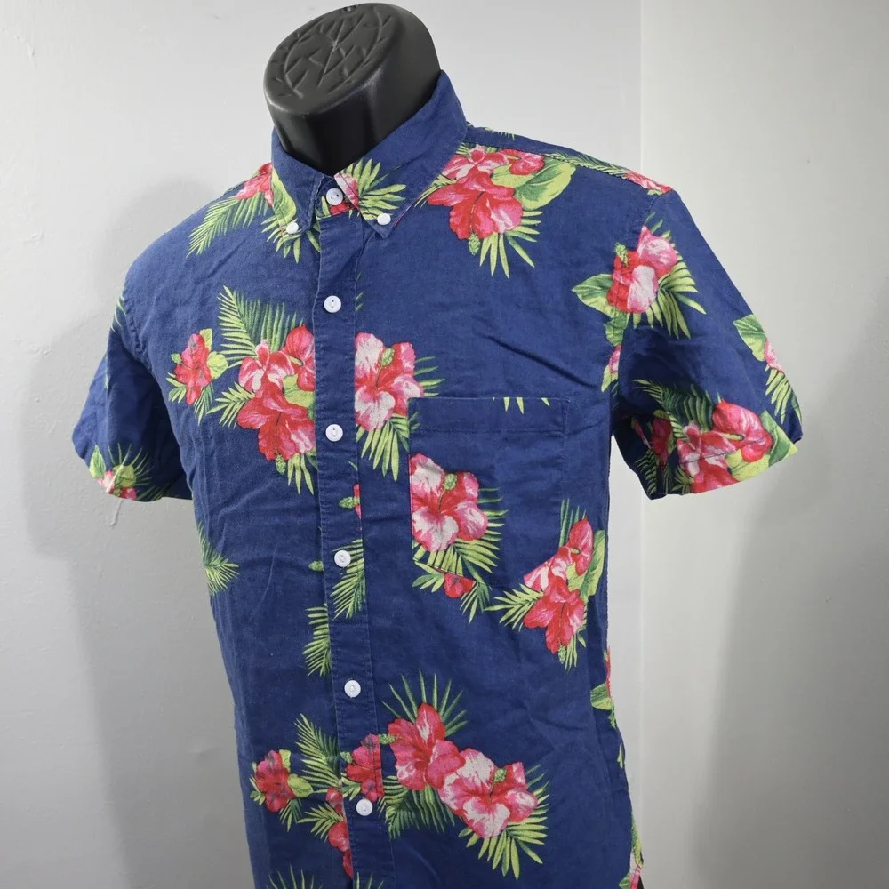 J.Crew Button Up Short Sleeve Shirt Mens M Slim Blue Floral Cotton Linen E8666